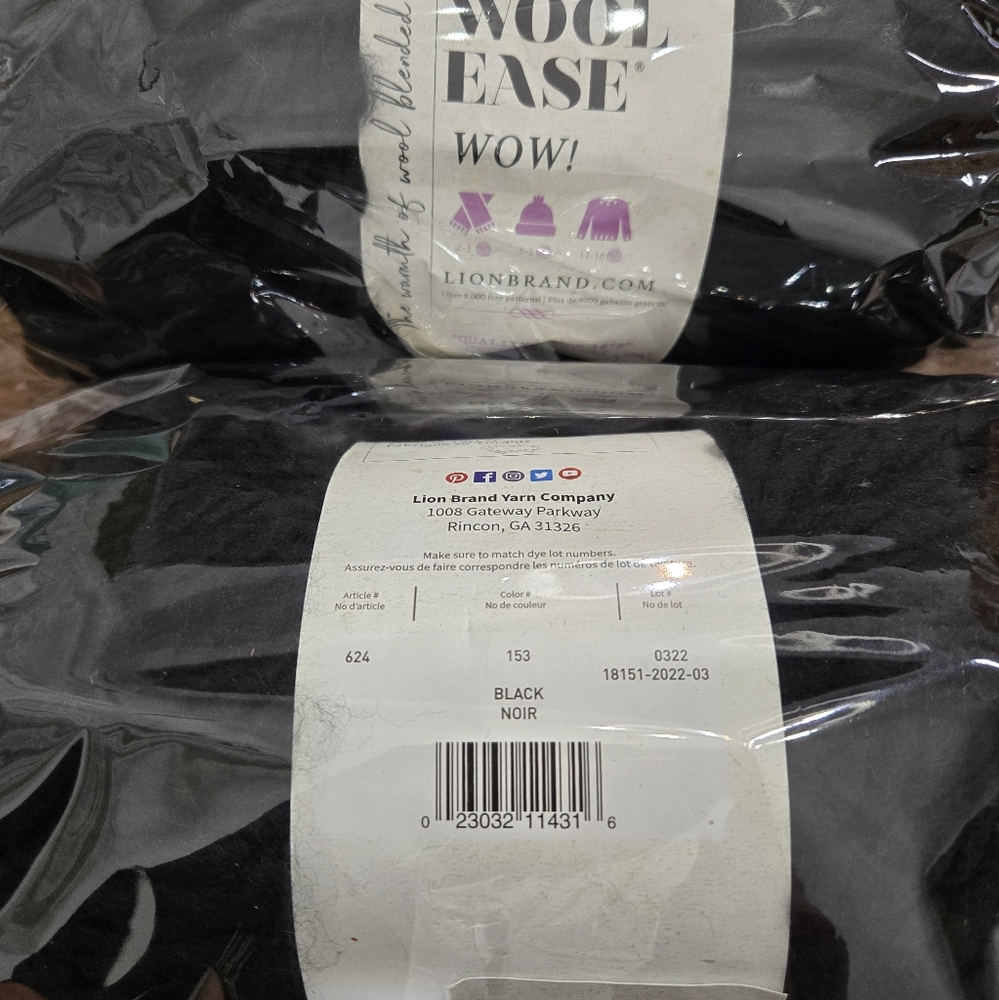 Lion Brand Wool Ease WOW Yarn- Black Jumbo, Acrylic/Wool Blend (2 Skeins)